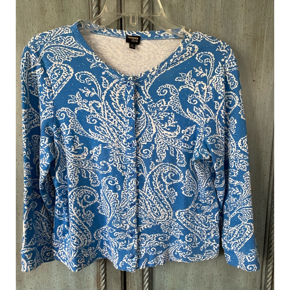 Turquoise/white cotton sweater w/ buttons down the front and 3/4 sleeve